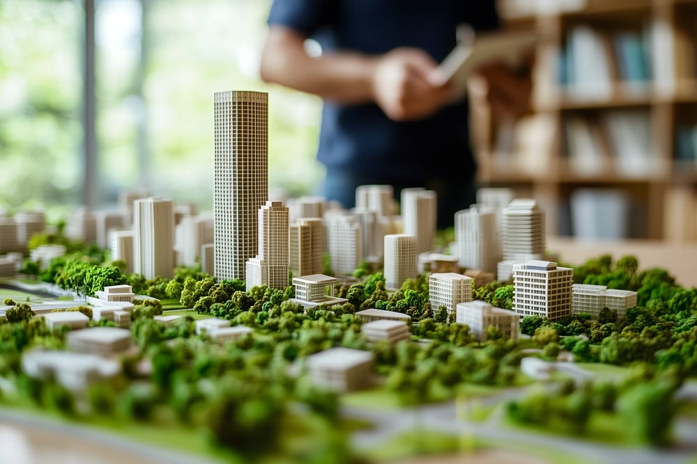 architectural,model,of,a,modern,city,with,high rise,buildings